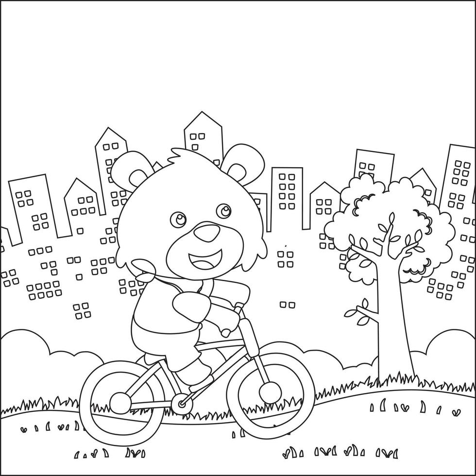 söt liten Björn ridning cykel. trendig barn grafisk med linje konst design hand teckning skiss vektor illustration för vuxen och barn färg bok.