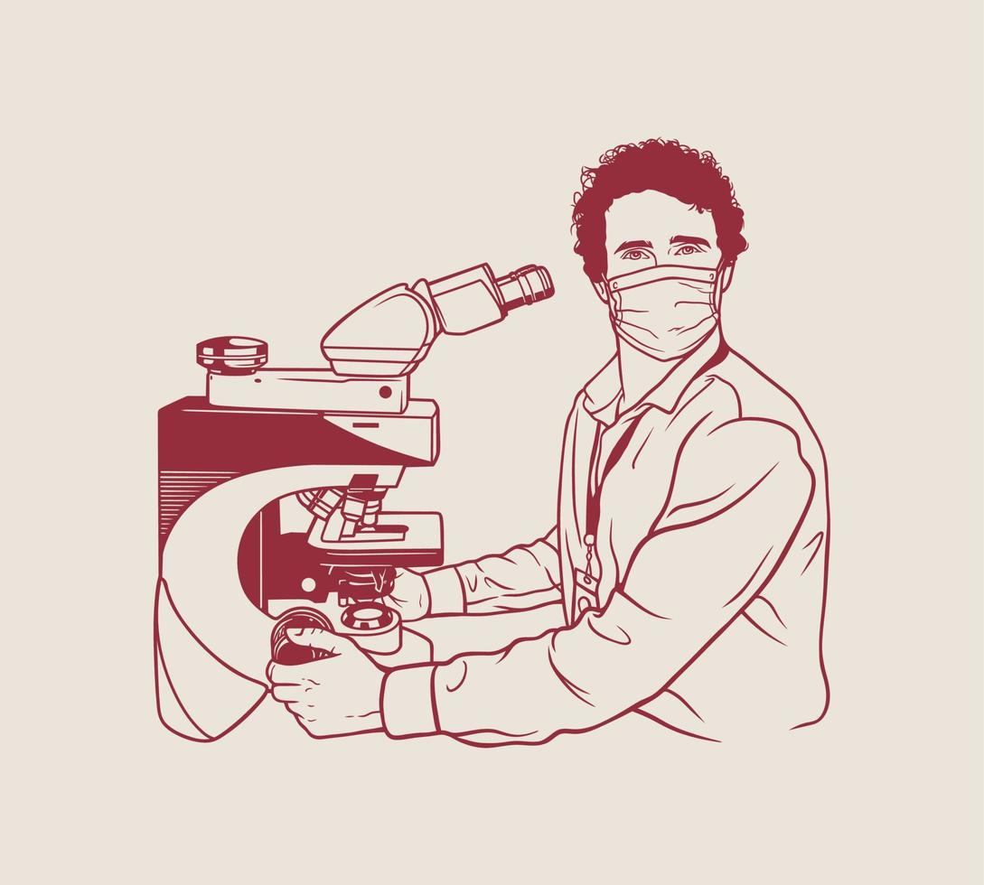 manlig läkare bär en mask använder sig av en mikroskop i de laboratorium. vektor illustration