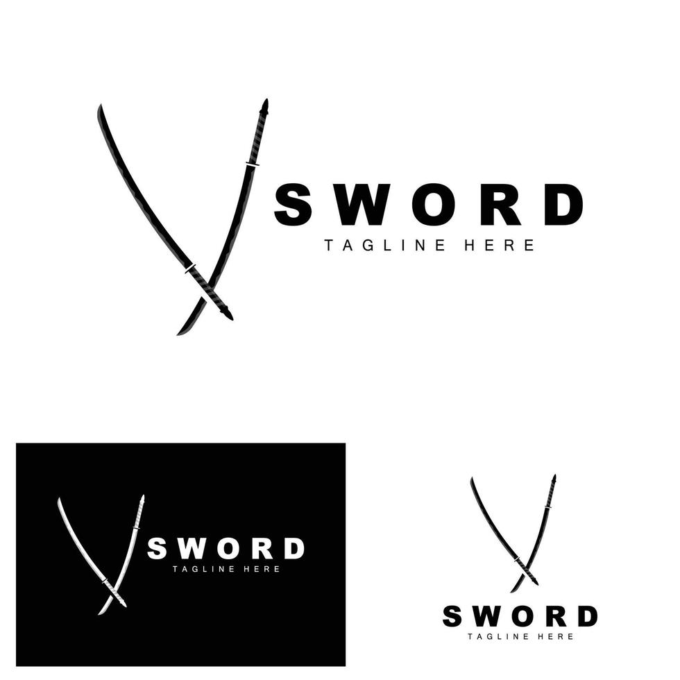 svärd logotyp, samuraj katana svartvit design, vektor krig vapen skärande verktyg mall ikon