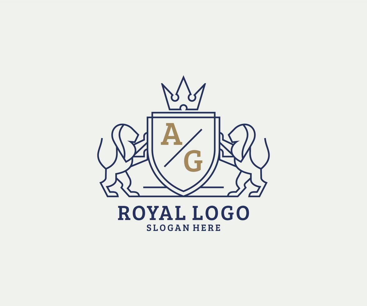 första ag brev lejon kunglig lyx logotyp mall i vektor konst för restaurang, kungligheter, boutique, Kafé, hotell, heraldisk, Smycken, mode och Övrig vektor illustration.