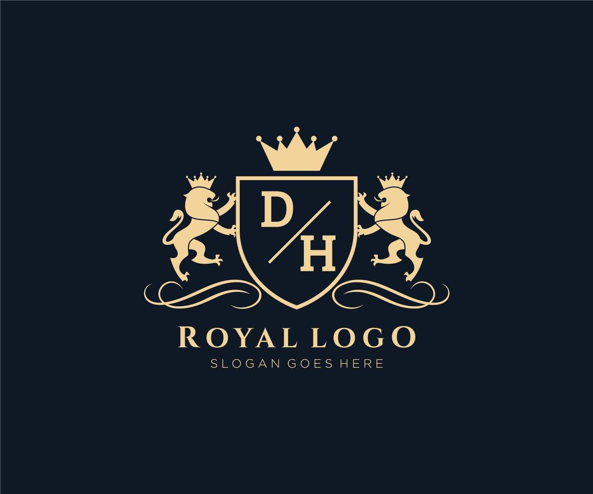 första dh brev lejon kunglig lyx heraldisk, vapen logotyp mall i vektor konst för restaurang, kungligheter, boutique, Kafé, hotell, heraldisk, Smycken, mode och Övrig vektor illustration.