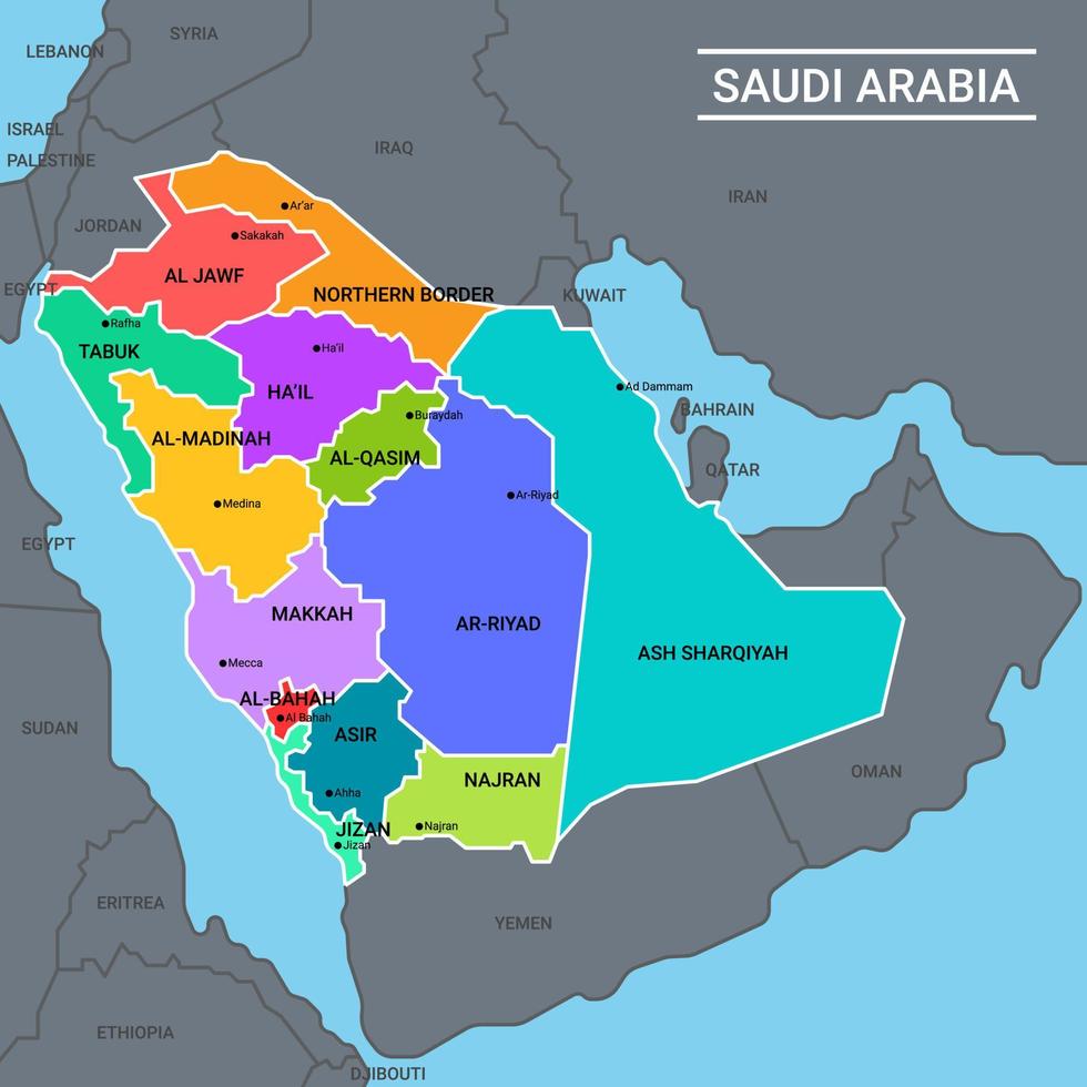 saudi arabien Land Karta med omgivande gränser vektor