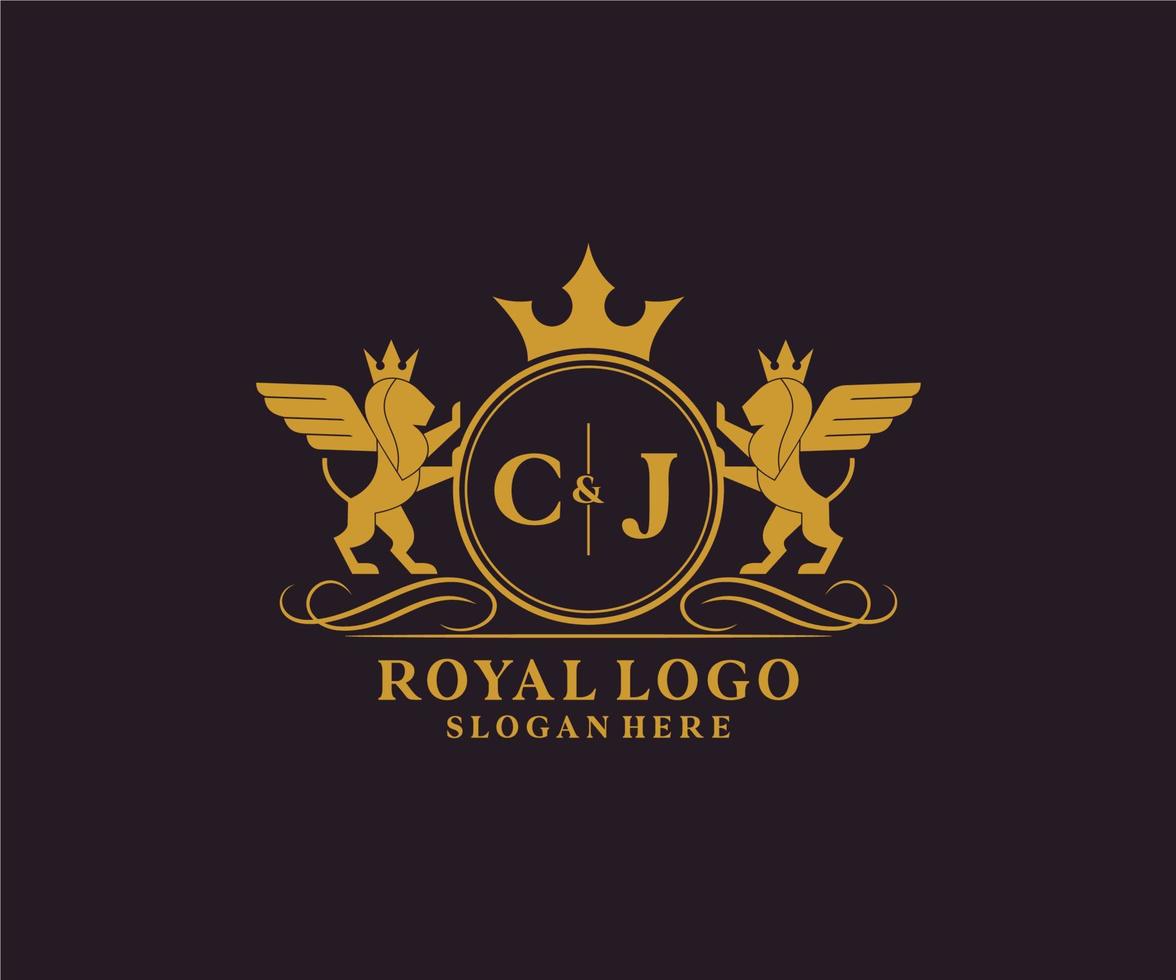 första cj brev lejon kunglig lyx heraldisk, vapen logotyp mall i vektor konst för restaurang, kungligheter, boutique, Kafé, hotell, heraldisk, Smycken, mode och Övrig vektor illustration.