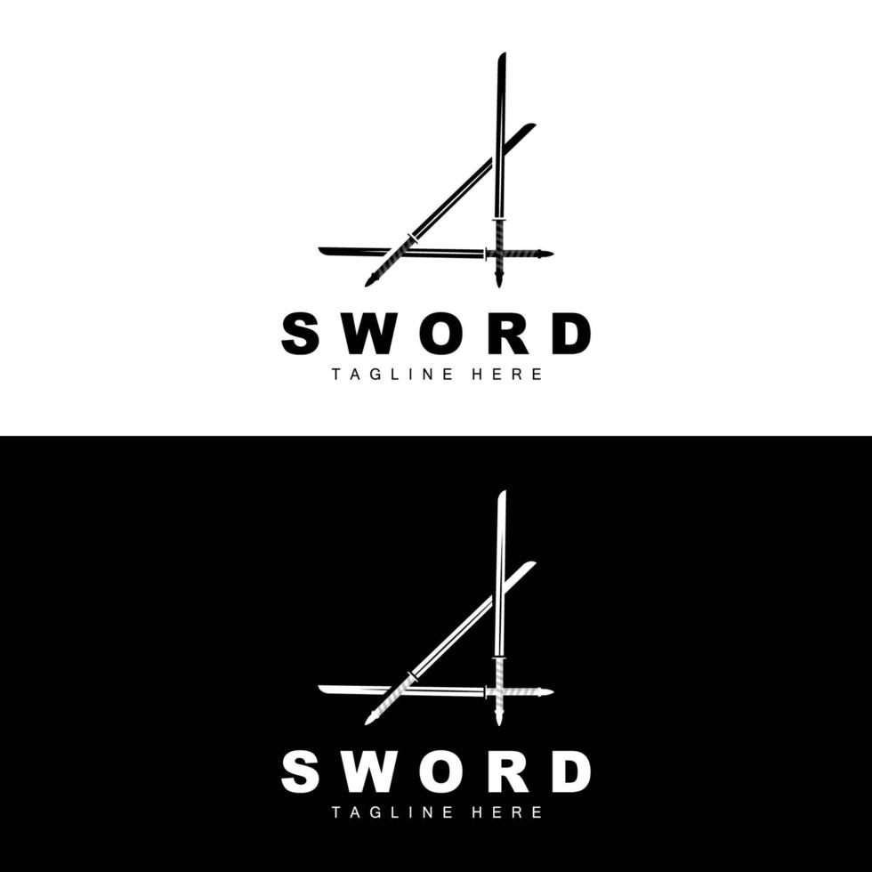 Schwert Logo, Samurai Katana einfarbig Design, Vektor Krieg Waffe Schneiden Werkzeug Vorlage Symbol