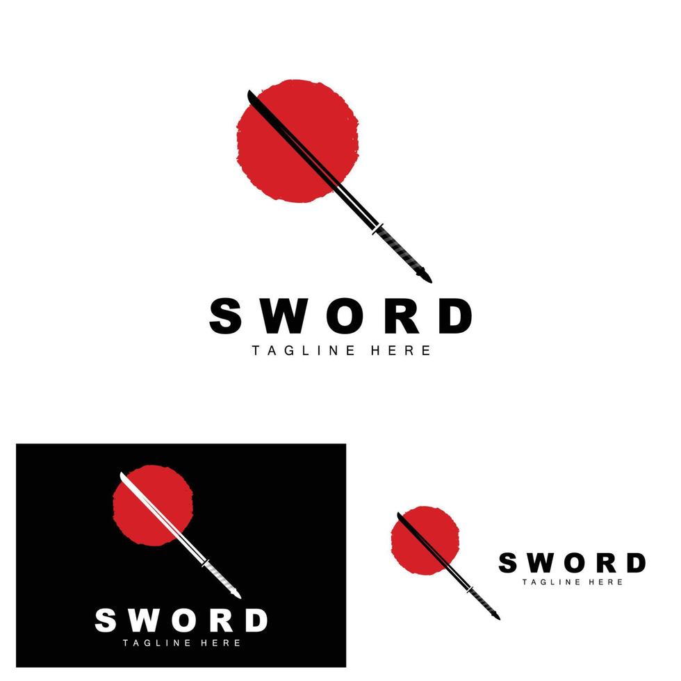 Schwert Logo, Samurai Katana einfarbig Design, Vektor Krieg Waffe Schneiden Werkzeug Vorlage Symbol