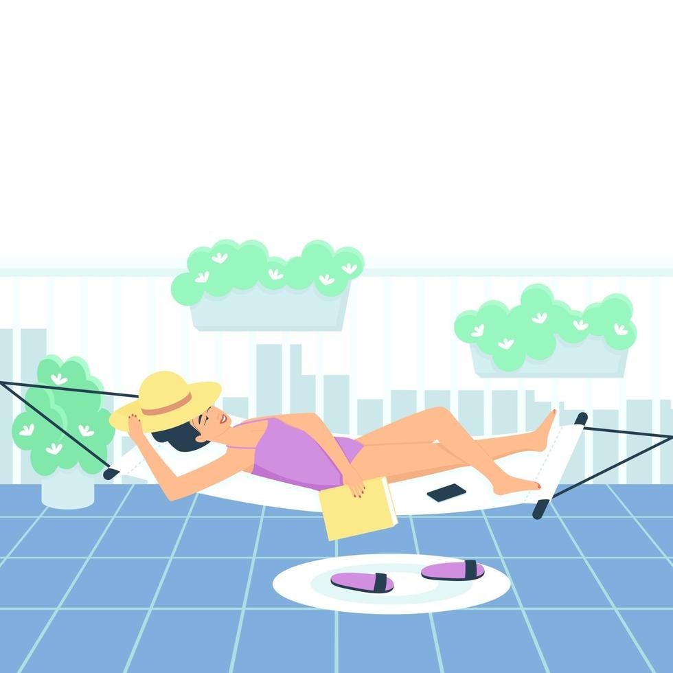 Eine Frau im Badeanzug nimmt ein Sonnenbad in einer Hängematte auf dem Balkon vektor