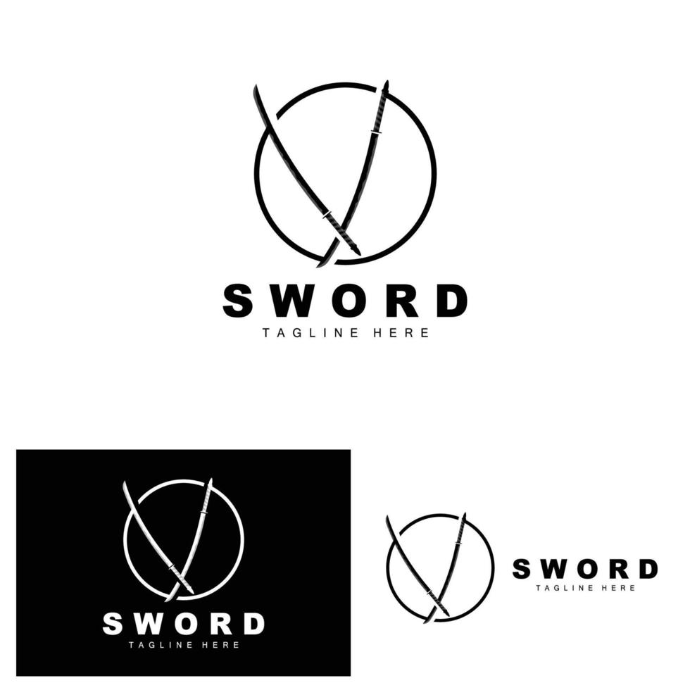 svärd logotyp, samuraj katana svartvit design, vektor krig vapen skärande verktyg mall ikon