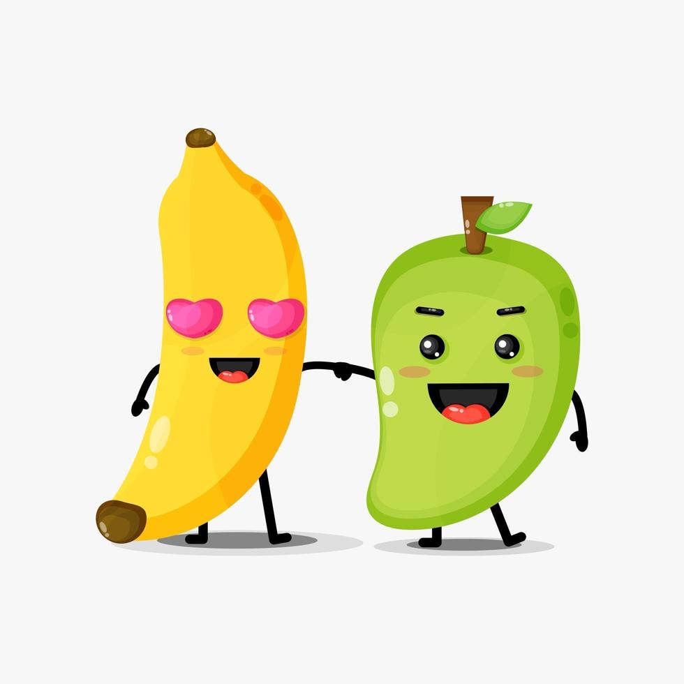 söt banan och mango maskot håller händer vektor