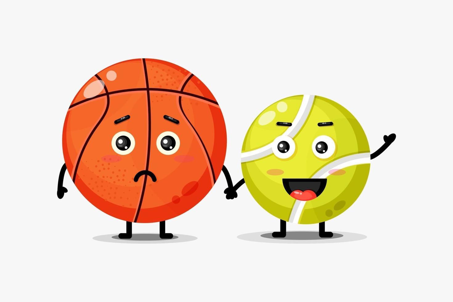 söt basket och tennisboll maskot håller händer vektor