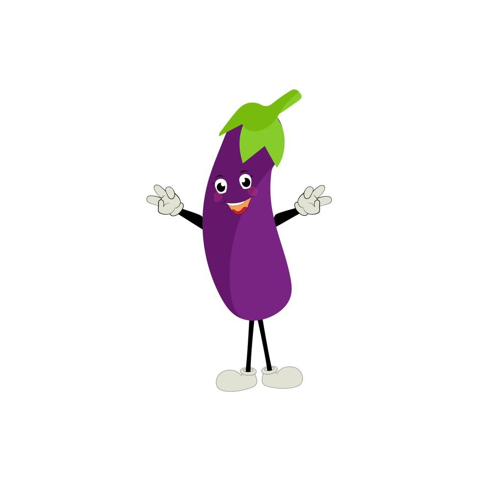 süß Aubergine Charakter Vektor Illustration. eben Aubergine Karikatur Charakter winken. minimal lila Aubergine Obst Design zum Kinder Bücher. Aubergine Karikatur Charakter