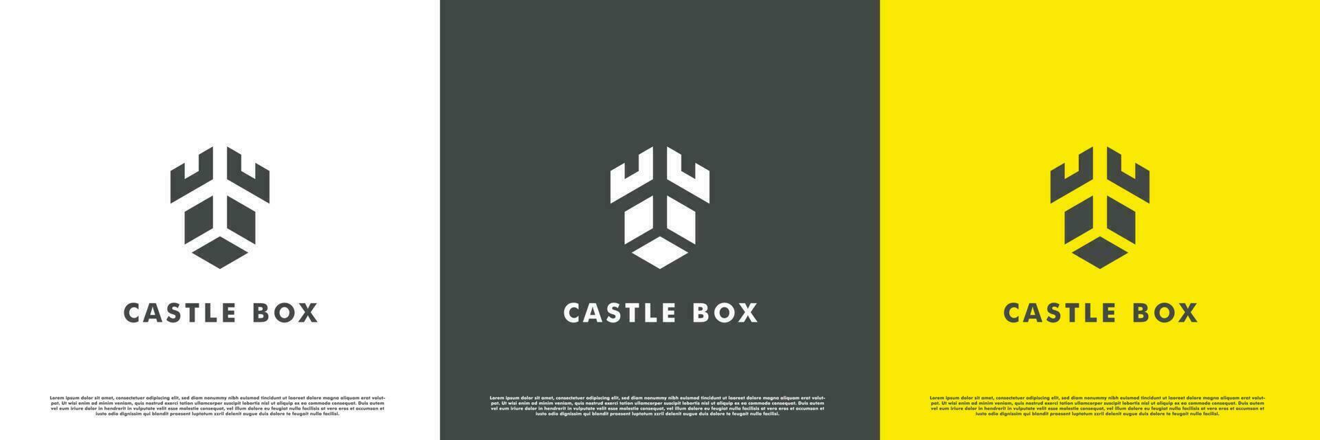 Schloss Box Logo Design Illustration. Silhouette Karton Box Schloss Turm Backstein Gilde Königreich Königreich. einfach mittelalterlich Gebäude Jahrgang modern Symbol Vorlage. perfekt zum Netz oder App Symbole. vektor