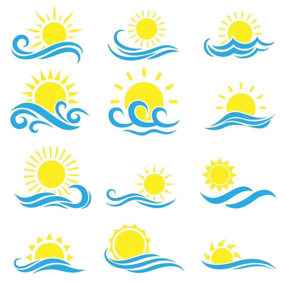 Sonne und Meer Symbol Vektor Satz. Sonnenaufgang und Sonnenuntergang Illustration Zeichen Sammlung. Strand Ferien Symbol. Wellen Logo.