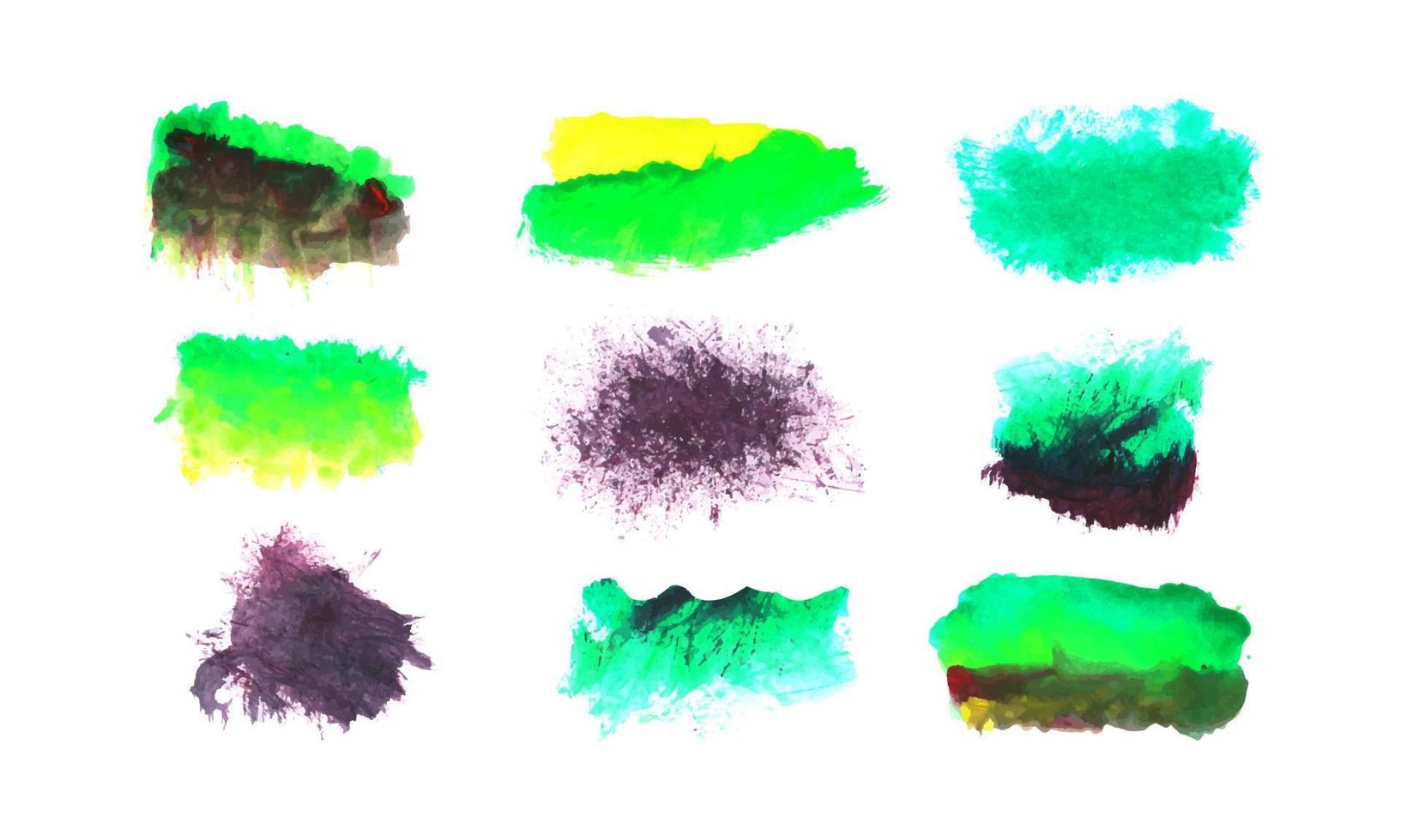 vektor en uppsättning av grön och lila måla borsta fläckar. vattenfärg borsta uppsättning