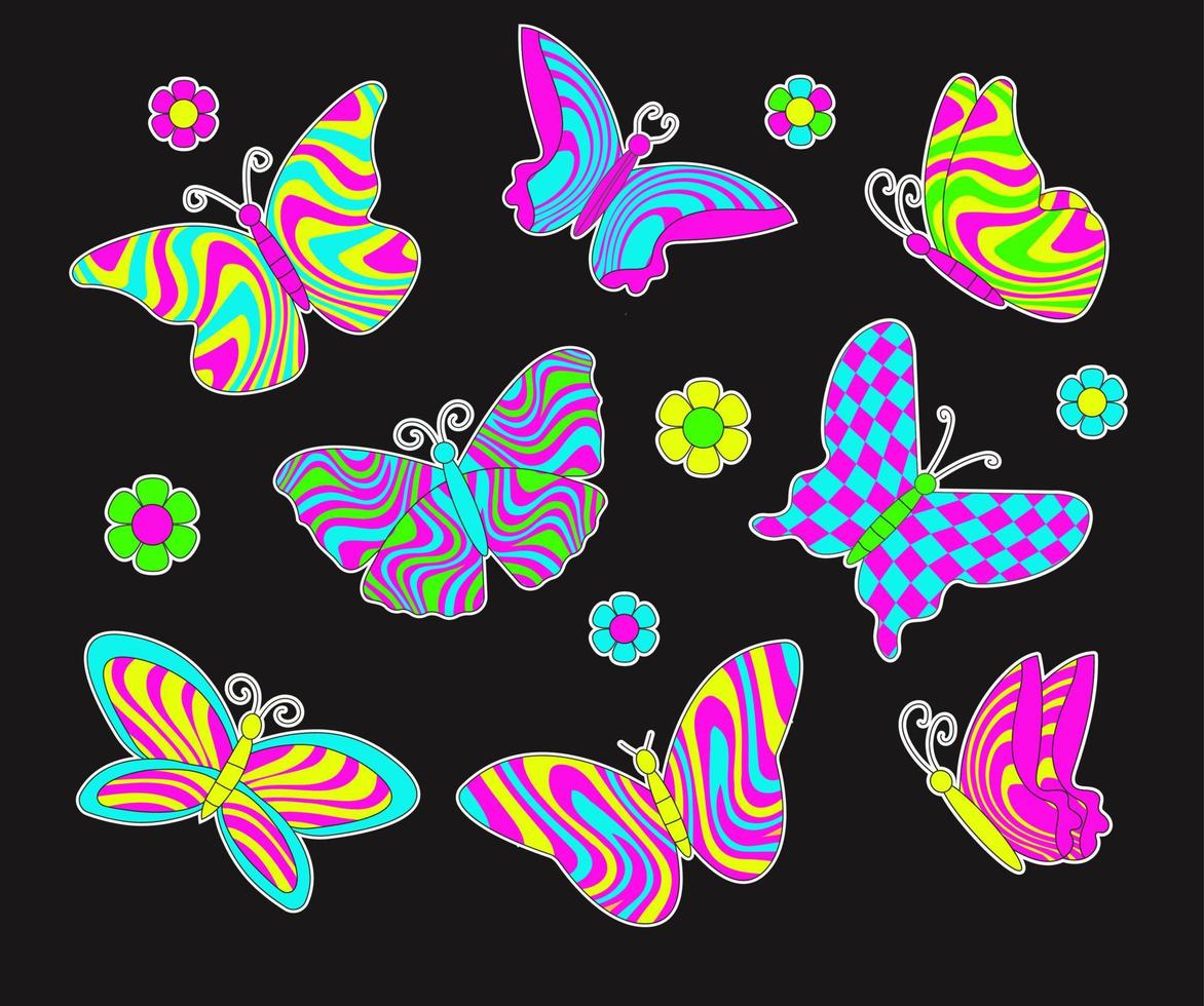 retro fjäril 70s 60s häftig vektor illustration uppsättning. neon fjärilar på svart bakgrund.