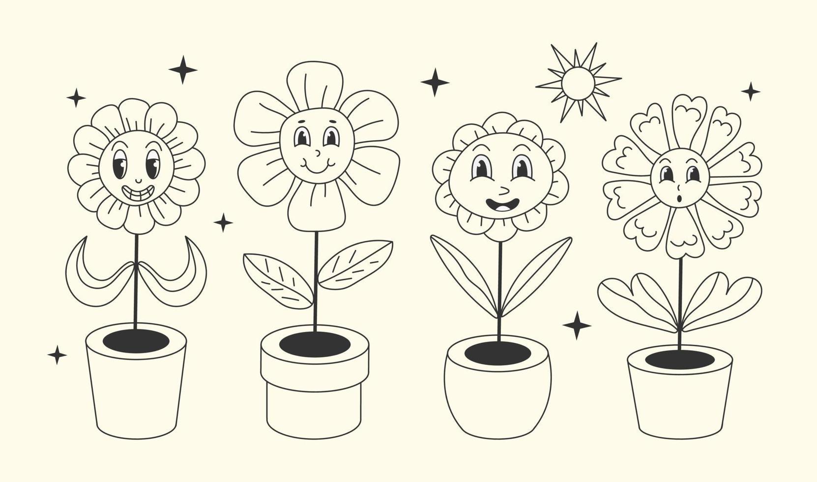 häftig hippie daisy blommor i blomkrukor med tecknad serie rolig leende ansikten, kamomill tecken. vektor