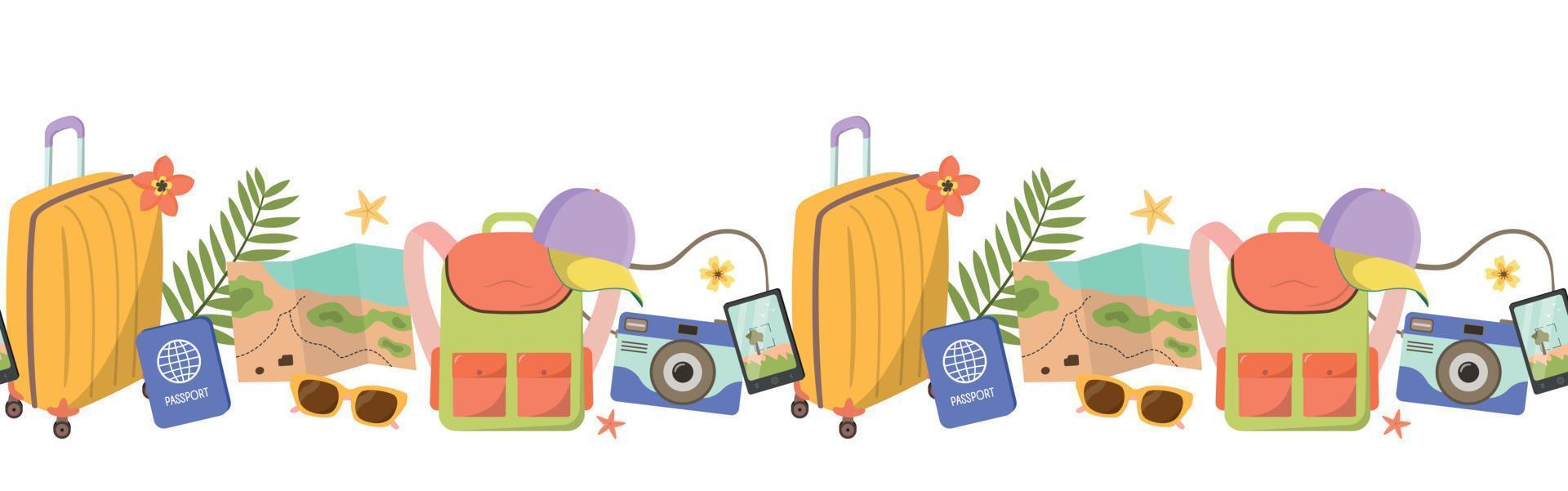 nahtlos Banner mit Reisen und Tourismus Elemente. bunt touristisch Objekte. Sommer- Urlaub Hintergrund. farbig eben Vektor Rand Illustration. isoliert auf Weiß Hintergrund.