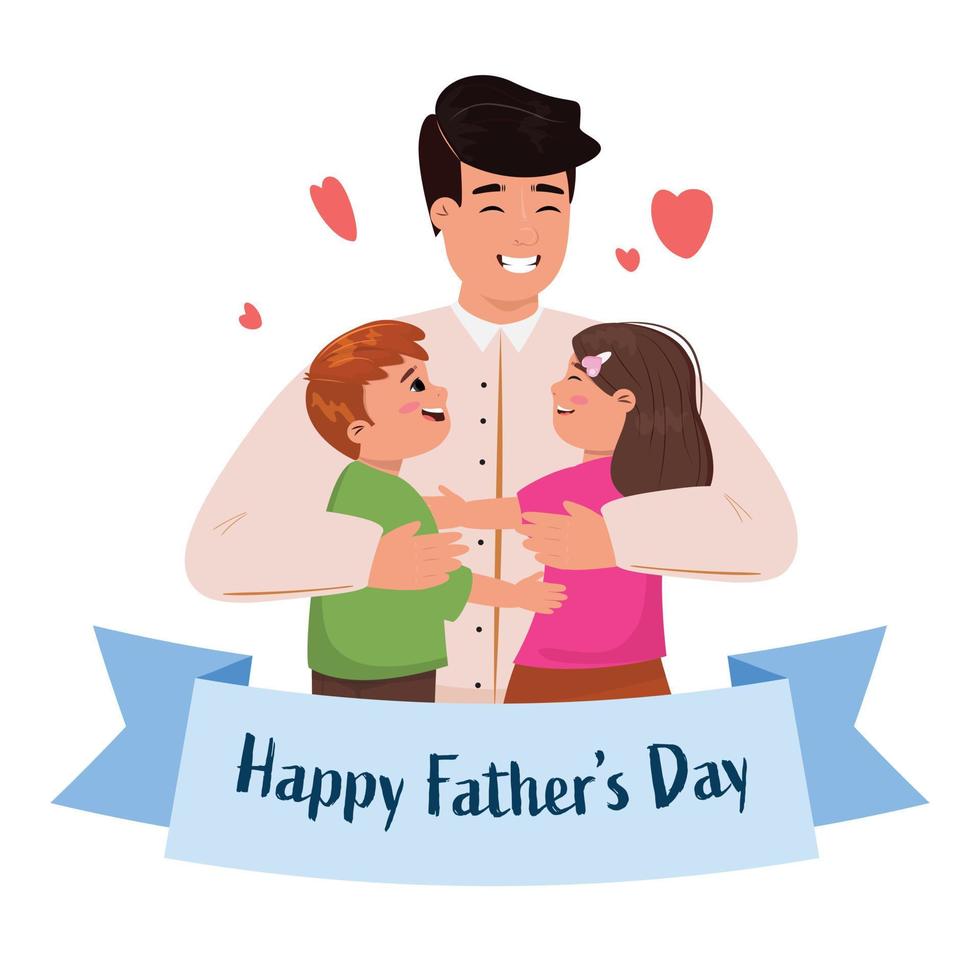 Illustration von ein glücklich Vater umarmen seine Kinder. glücklich Vaters Tag Illustration. vektor