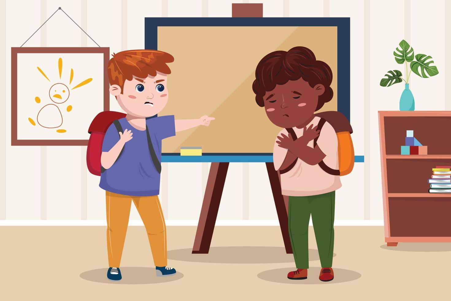 tecknad serie illustration av en med vit pojke anklagar en svart pojke i klassrum bakgrund. rasism, mobbning, aggression, beteende, diskriminering begrepp illustration. vektor