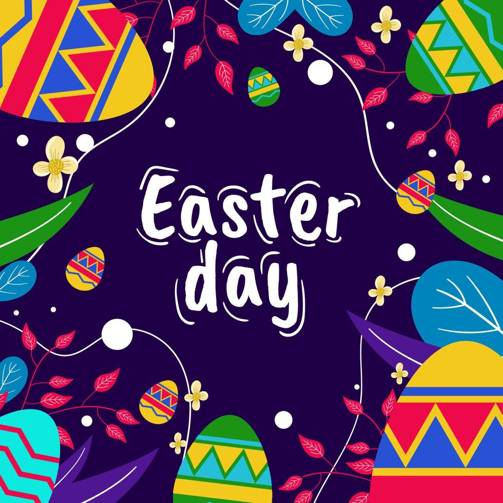 glücklich Ostern, Gruß Karte Design, eben Design Stil, dekoriert mit bunt Eier, Blumen und Blätter vektor