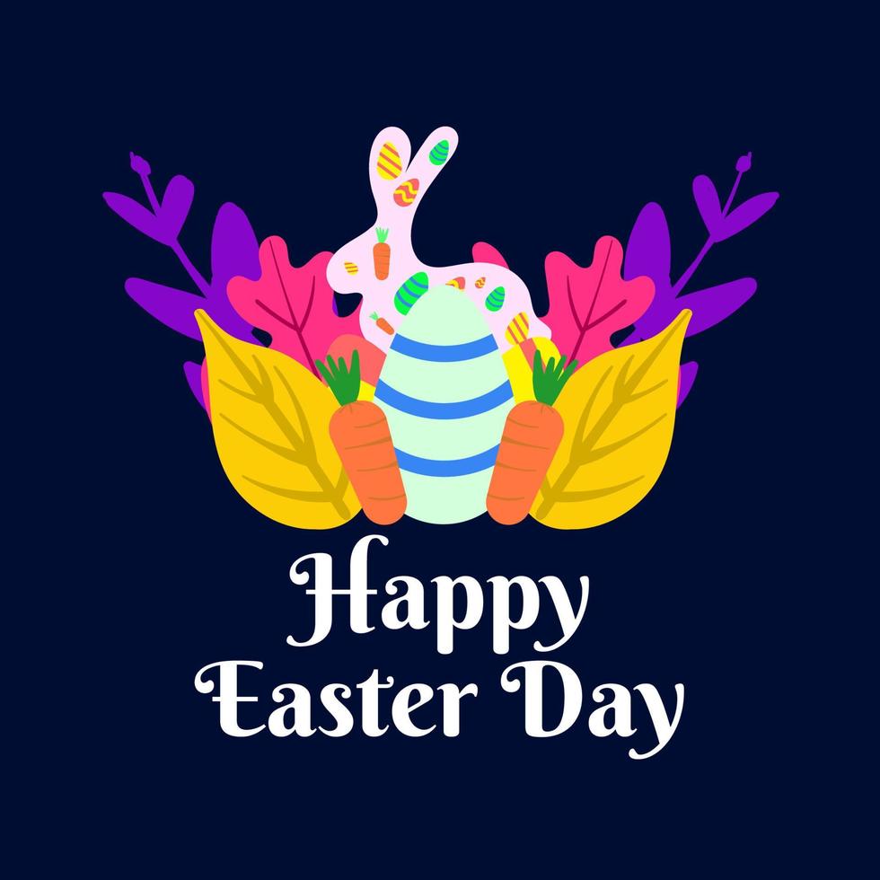 Lycklig påsk, hälsning kort design dekorerad med färgrik löv, kanin och ägg vektor