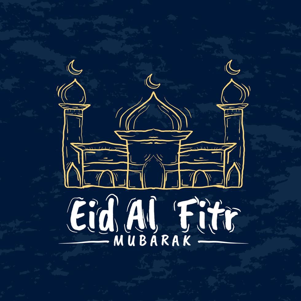 glücklich eid al-fitr. Sozial Medien Gruß Karte oder Poster mit minimalistisch Hand gezeichnet Linie Stil auf dunkel Blau Hintergrund vektor