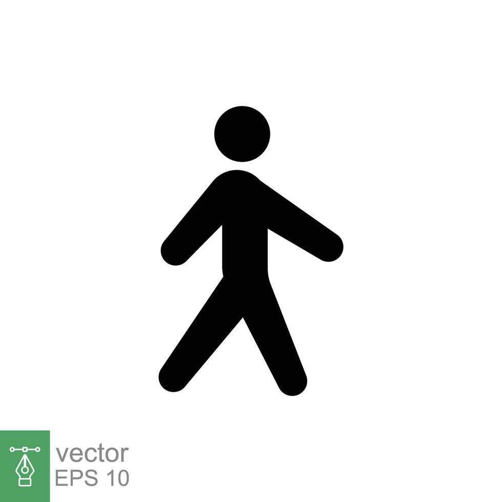 promenad ikon. enkel fast stil. fotgängare, gående man, piktogram, mänsklig, sida, gångväg begrepp. svart silhuett, glyf symbol. vektor illustration isolerat på vit bakgrund. eps 10.