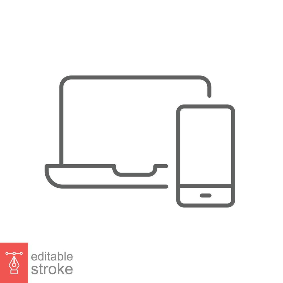 Laptop und Handy, Mobiltelefon Telefon Linie Symbol. einfach Gliederung Stil. Schreibtisch, Gerät, Bildschirm, Anzeige, Smartphone, reaktionsschnell Konzept. Vektor Illustration isoliert auf Weiß Hintergrund. editierbar Schlaganfall eps 10.