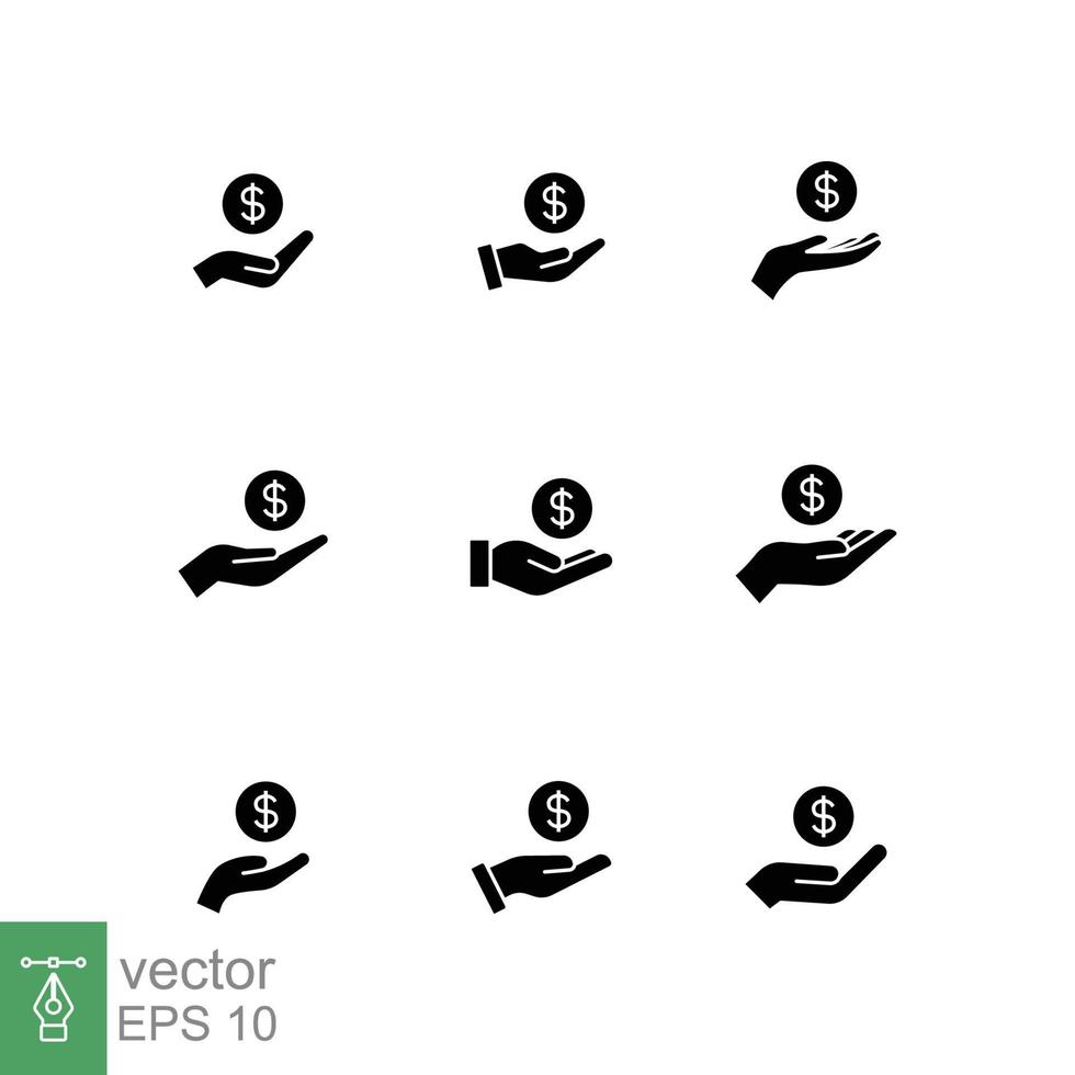 einstellen von Gehalt, verkaufen, Geld, Geschäft, besorgen, Hand Glyphe Symbole. einfach solide Stil. speichern, Kasse, Münze, Währung, Dollar, Finanzen Konzept. Silhouette Vektor Illustration auf Weiß Hintergrund. eps 10.