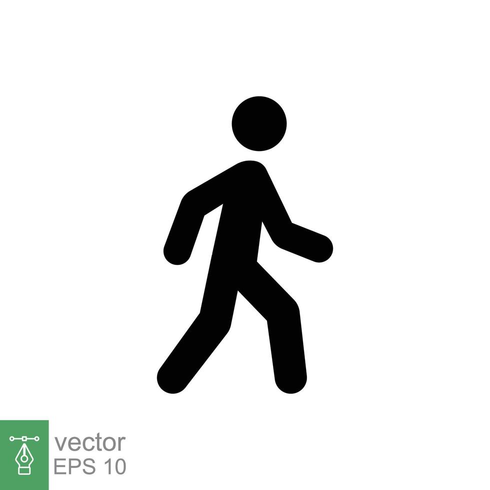 promenad ikon. enkel fast stil. fotgängare, gående man, piktogram, mänsklig, sida, gångväg begrepp. svart silhuett, glyf symbol. vektor illustration isolerat på vit bakgrund. eps 10.