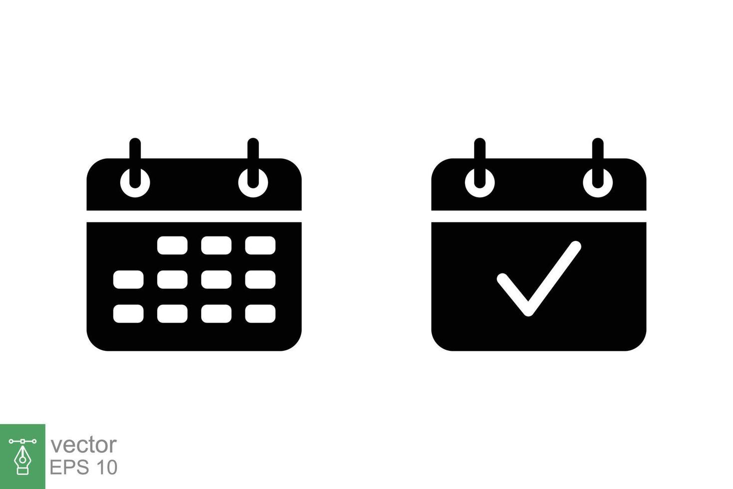 kalender ikon. enkel fast stil. datum, planerare, piktogram, dag, månad, schema, tid händelse arrangör begrepp. svart silhuett symbol. vektor illustration isolerat på vit bakgrund. eps 10.