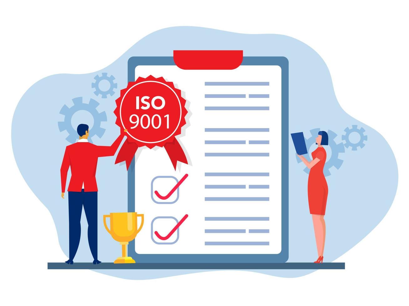 iso 9001-System und International Zertifizierung Konzept Mannschaft Geschäft Analyse mit bestanden Standard Qualität Steuerung Vektor Illustrator