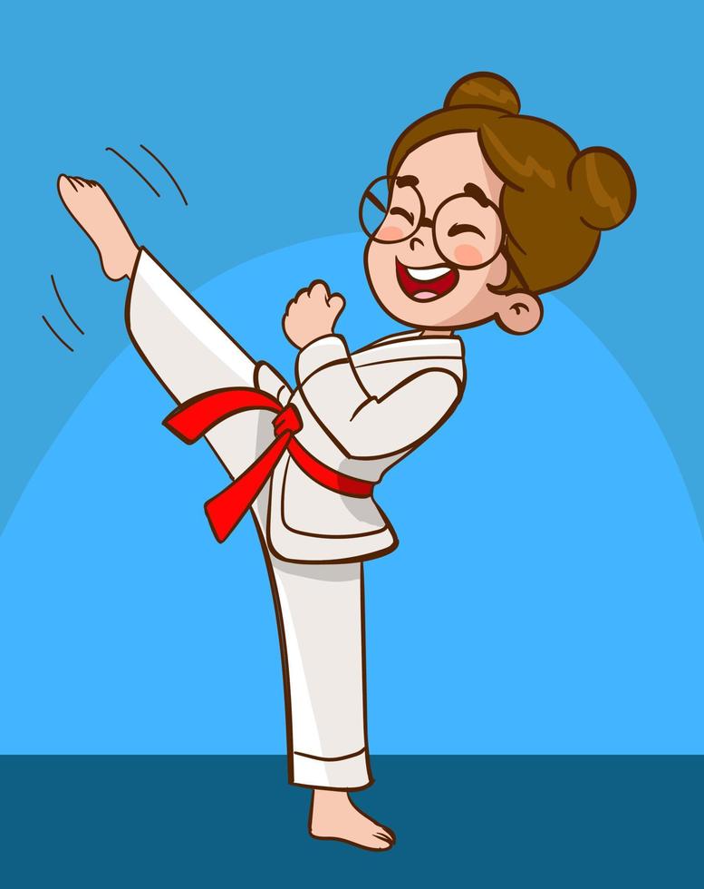 karikaturkinder, die kampfkunst in kimonouniform trainieren. karate- oder taekwondo-charakterillustration. vektor