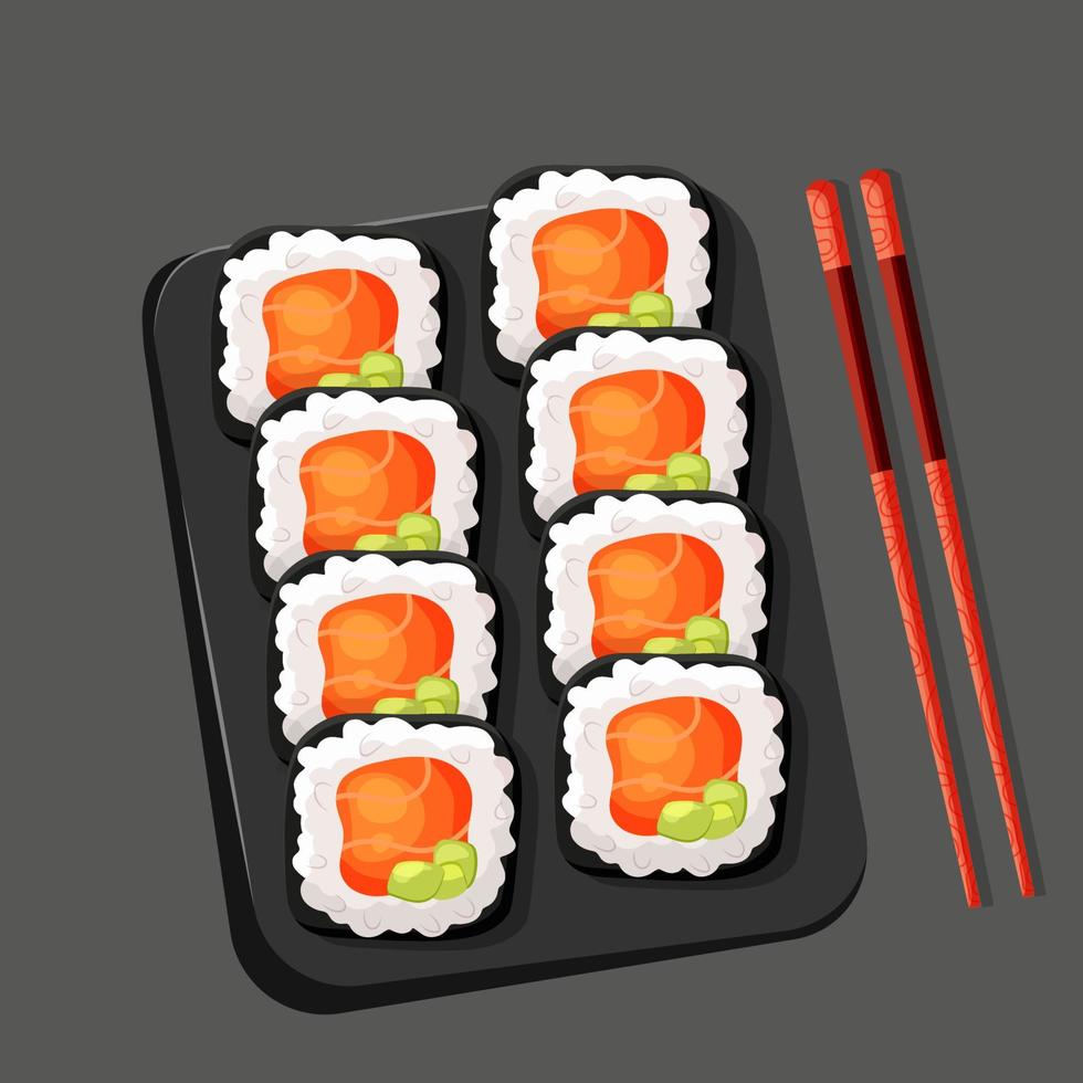 sten tallrik med sushi rullar med lax, inte jag heller och gurka med trä- ätpinnar. asiatisk mat tecknad serie vektor