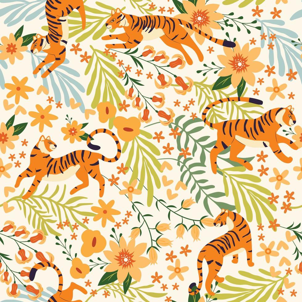 nahtlos Muster mit Hand gezeichnet exotisch groß Katze Tiger, mit tropisch Pflanzen, Blumen und abstrakt Elemente auf Weiß Hintergrund. bunt eben Vektor Illustration