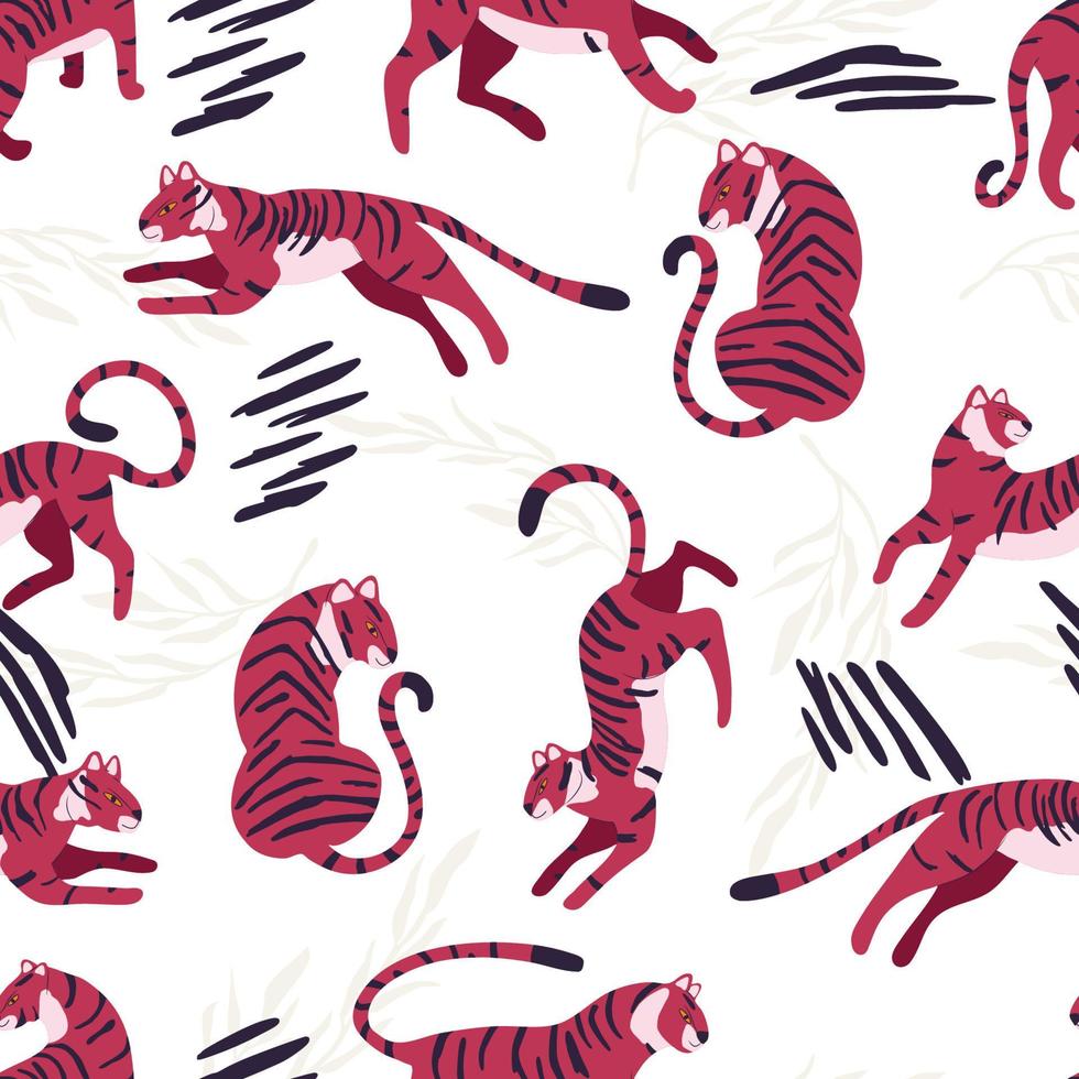 sömlös mönster med hand dragen exotisk stor katt viva magenta tiger, med abstrakt element på vit bakgrund. färgrik platt vektor illustration