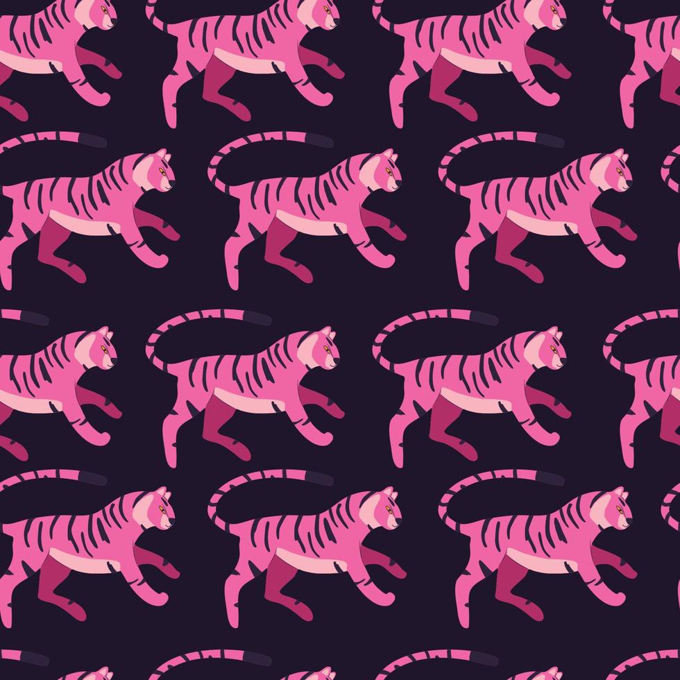 nahtlos Muster mit Hand gezeichnet exotisch groß Katze Tiger, im hell Rosa, auf lila Hintergrund. bunt eben Vektor Illustration