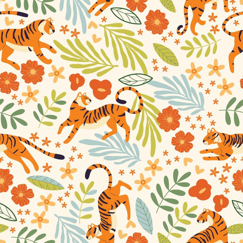 nahtlos Muster mit Hand gezeichnet exotisch groß Katze Tiger, mit tropisch Pflanzen, Blumen und abstrakt Elemente auf Weiß Hintergrund. bunt eben Vektor Illustration