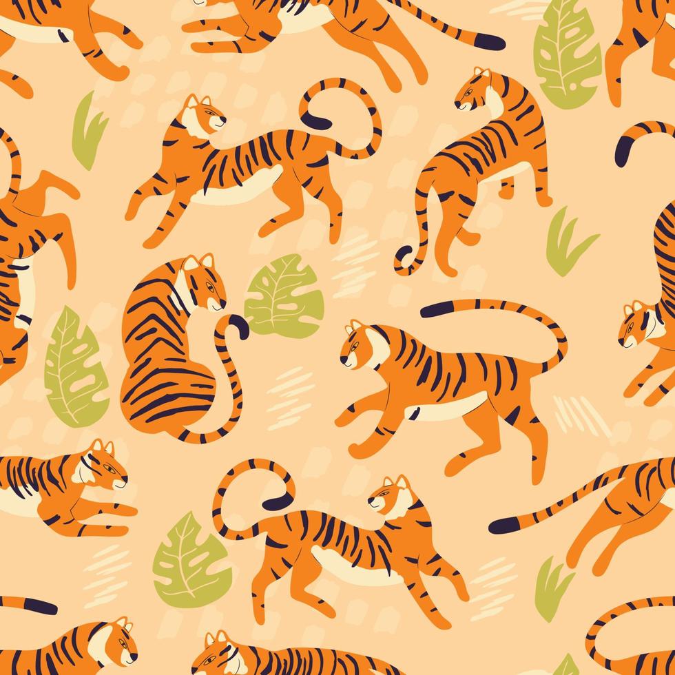 nahtlos Muster mit Hand gezeichnet exotisch groß Katze Tiger, mit tropisch Pflanzen und abstrakt Elemente auf Licht braun Hintergrund. bunt eben Vektor Illustration