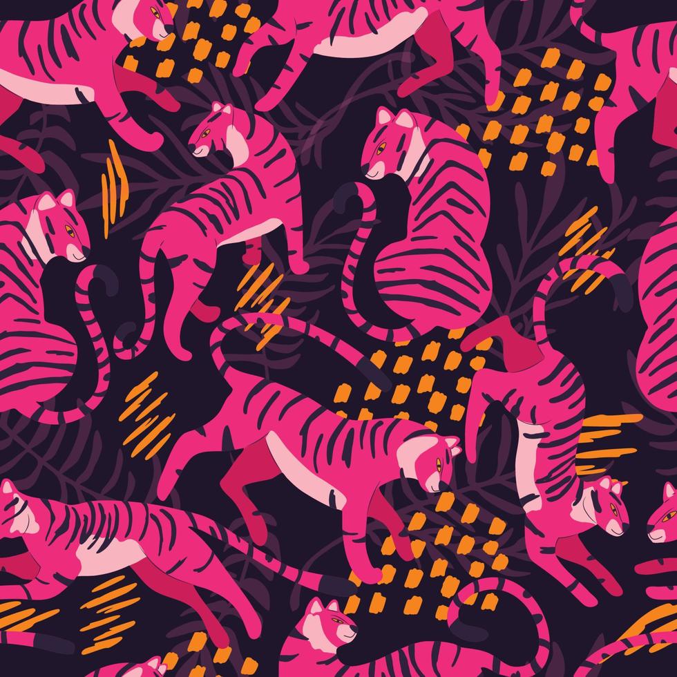 sömlös mönster med hand dragen exotisk stor katt tiger, i ljus rosa, med tropisk växter och abstrakt element på lila bakgrund. färgrik platt vektor illustration