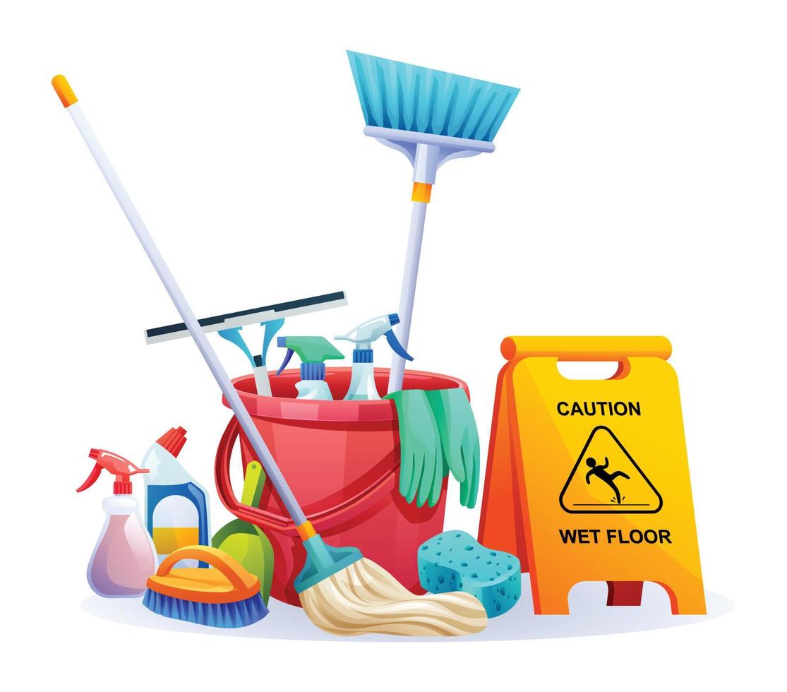 uppsättning av rengöring Utrustning. hus rengöring service verktyg tecknad serie illustration vektor