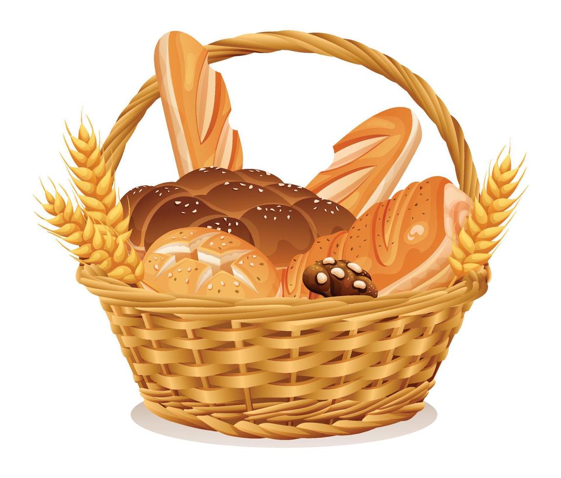 bageri i korg- korg vektor illustration. korg med vete och färsk bröd isolerat på vit bakgrund