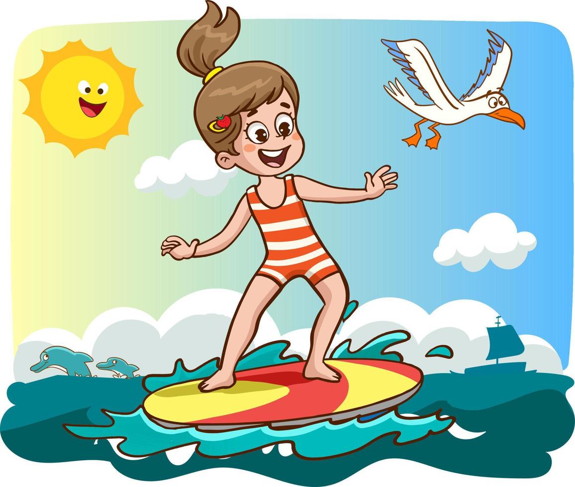 ung barn surfing på sea.kid simning med kropp styrelse. aktiva vatten sporter för barn.vektor illustration vektor