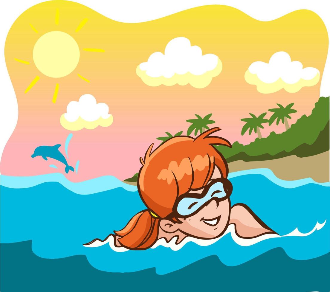 Kinder Schwimmen im das Meer im Sommer- Karikatur Vektor