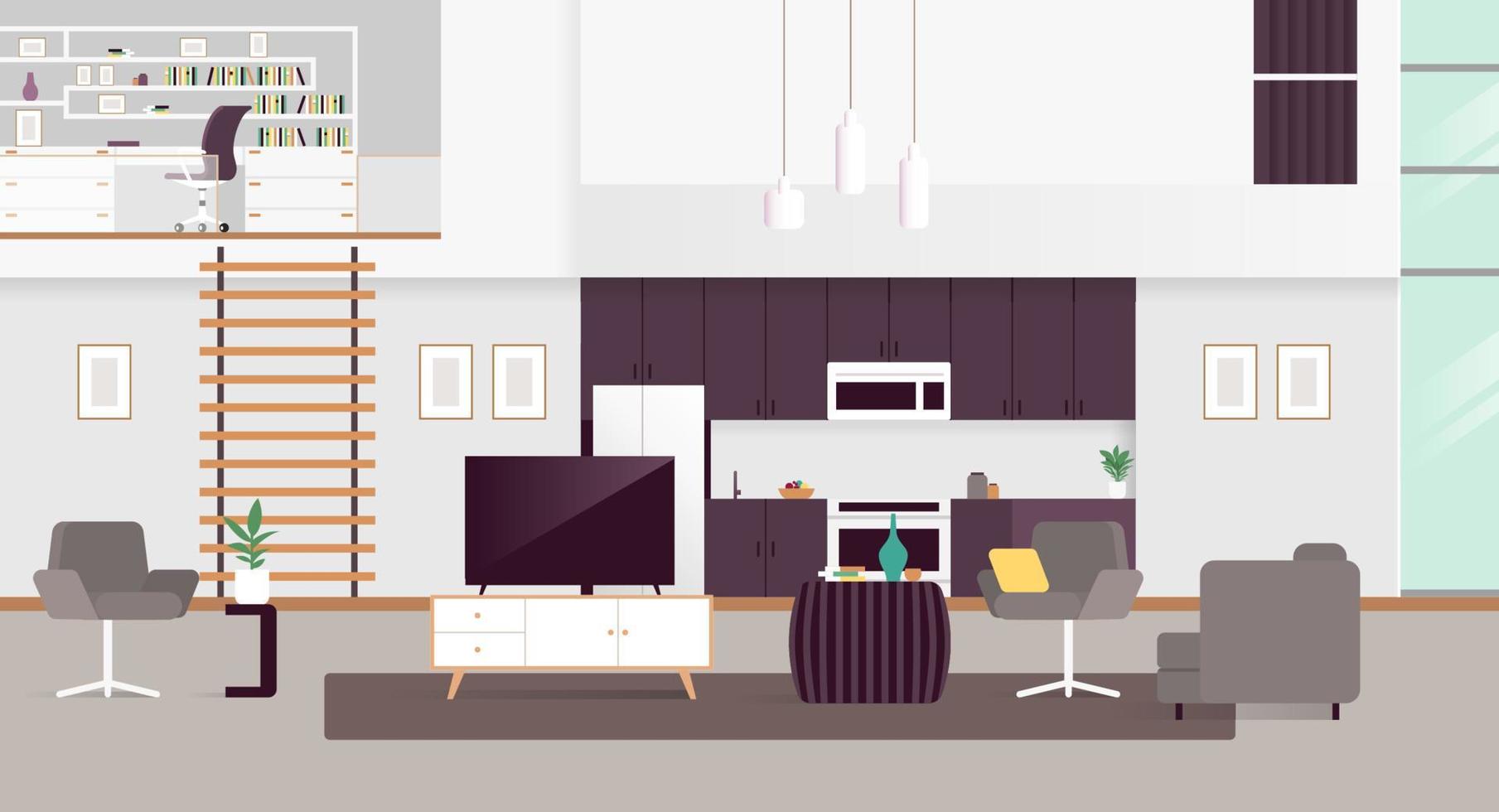groß Leben Zimmer mit stilvoll und modern Möbel, Küche, Büro Zimmer auf das zweite Fußboden vektor