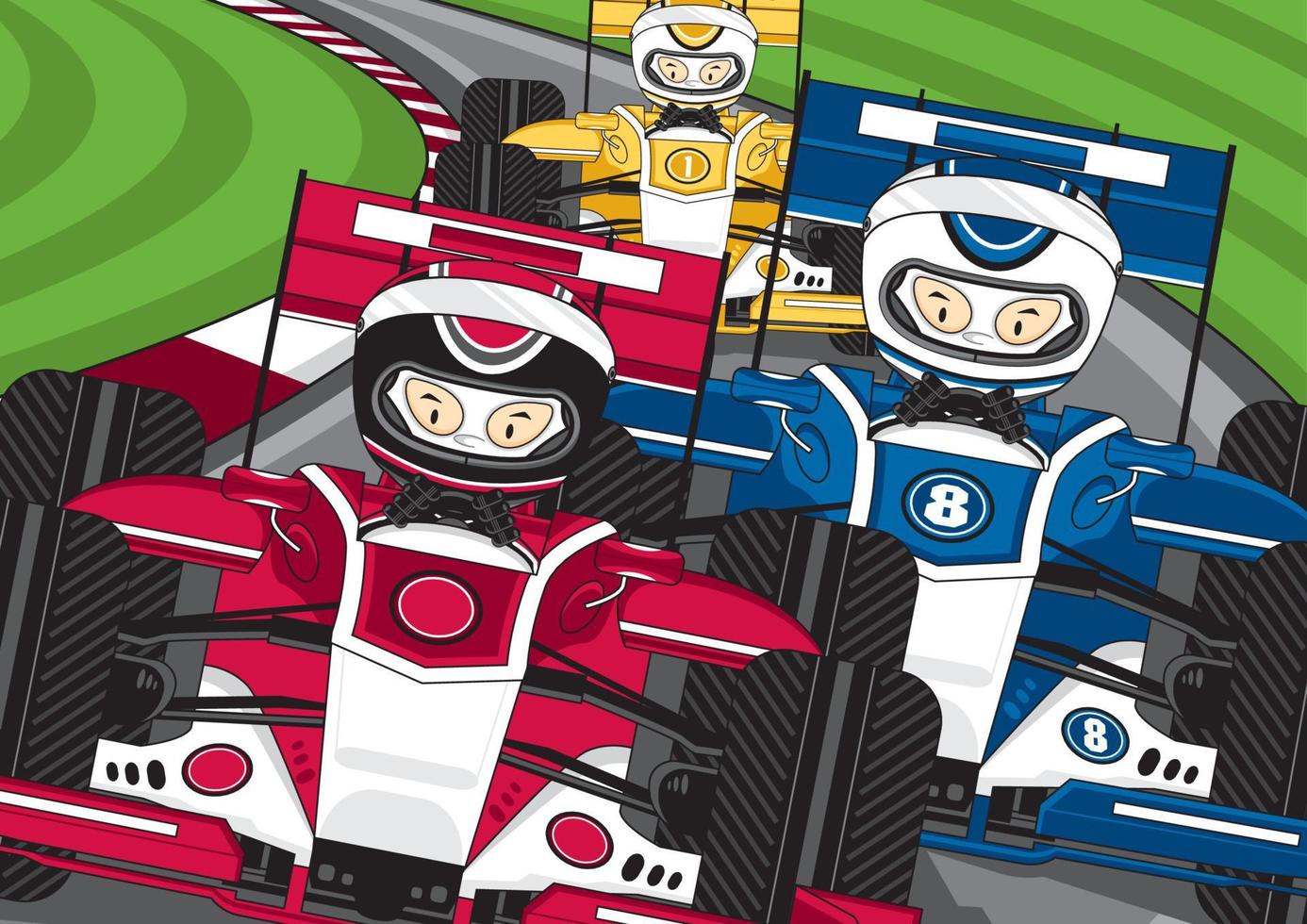 Karikatur Formel 1 Rennen Treiber im Autos auf Spur vektor