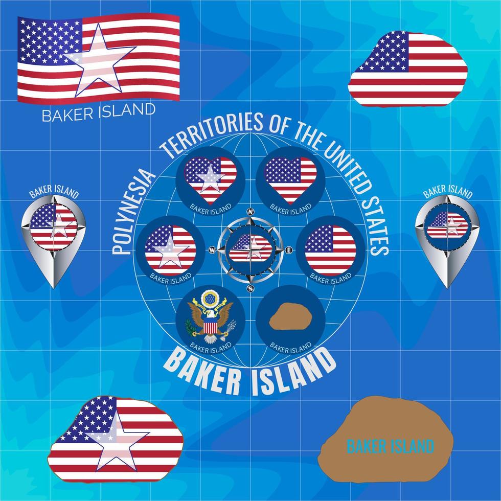 uppsättning av vektor illustrationer av flagga, kontur Karta, pengar, ikoner av bagare ö. områden av de förenad stater. resa begrepp.
