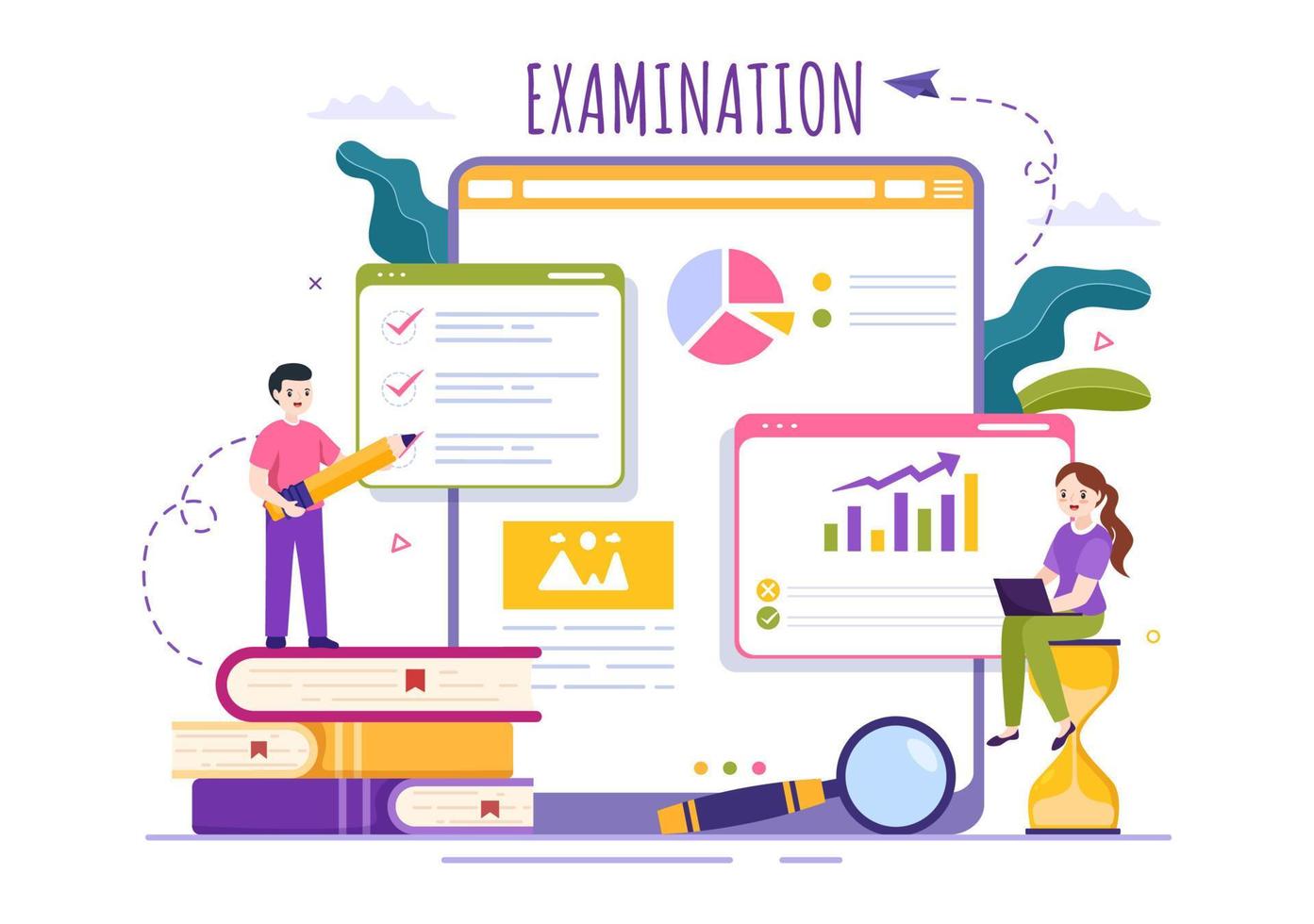 undersökning papper illustration med uppkopplad examen, form, papper svarar, undersökning eller internet frågesport i platt tecknad serie hand dragen för landning sida mallar vektor