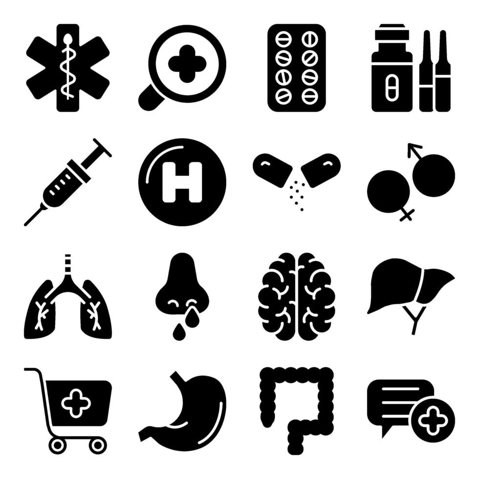 paket med medicinska verktyg fasta ikoner vektor