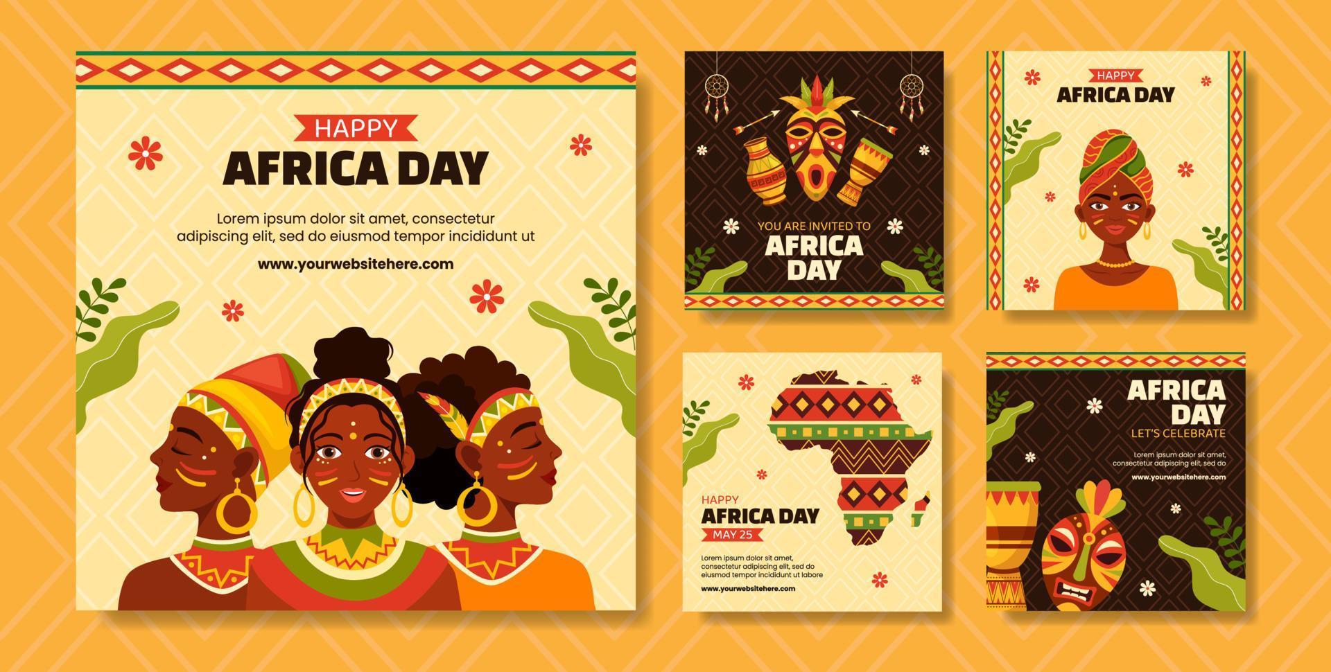 Lycklig afrika dag social media posta platt tecknad serie hand dragen mallar bakgrund illustration vektor