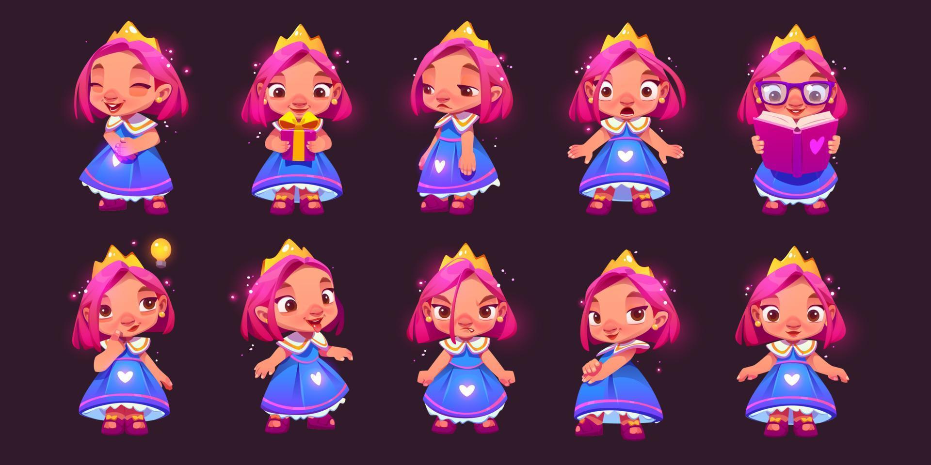 tecknad serie uppsättning av söt prinsessa karaktär känslor vektor